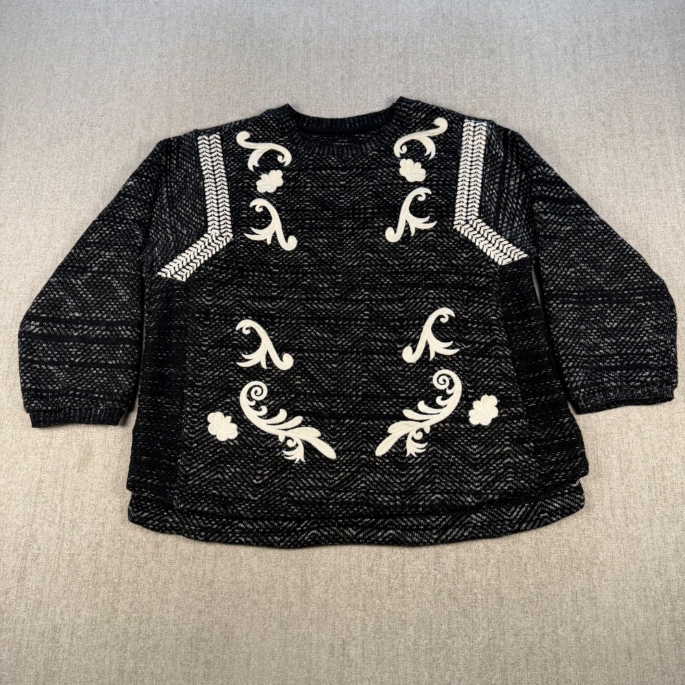 Lucky Brand Sweater Women 1X Black White Embroidered Boho Knit Pullover